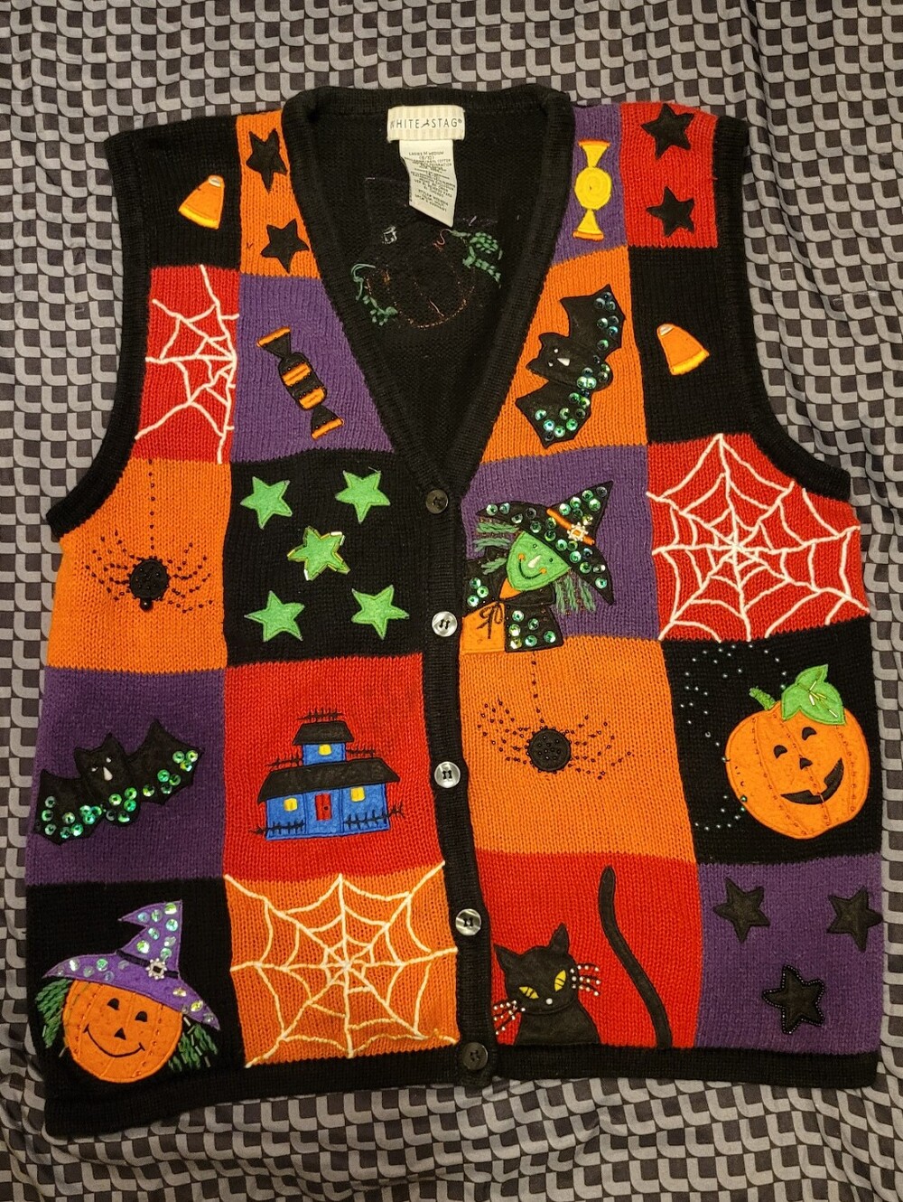 Vintage 1990s White Stag Halloween Patchwork Grannycore Sweater Vest Sz Medium